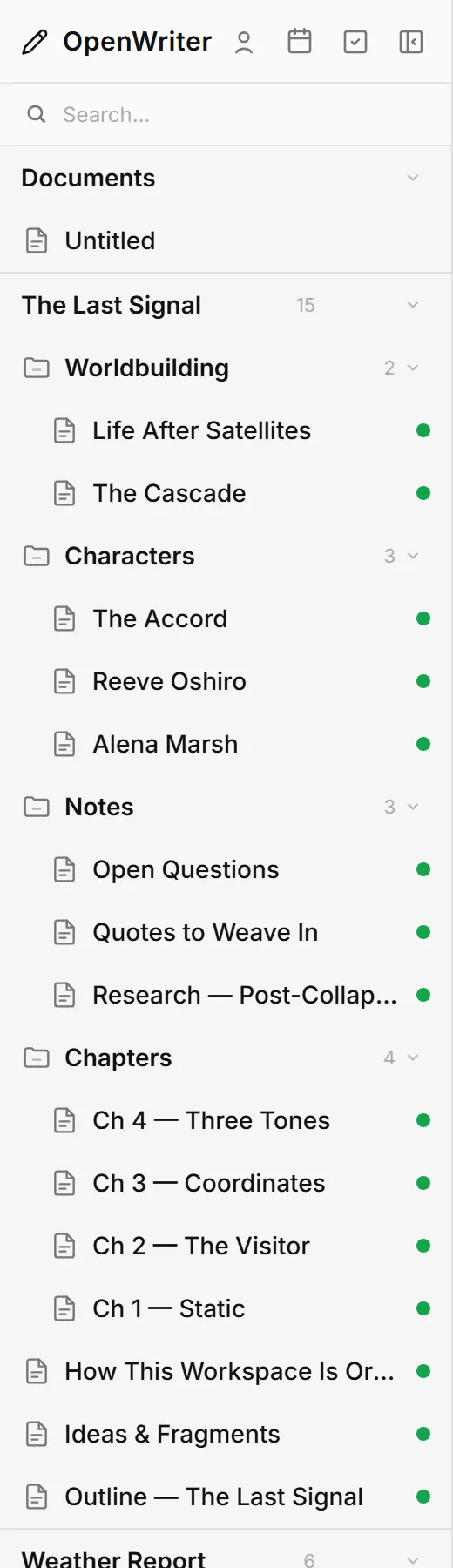 OpenWriter sidebar showing nested workspaces with parts, chapters, and reference docs