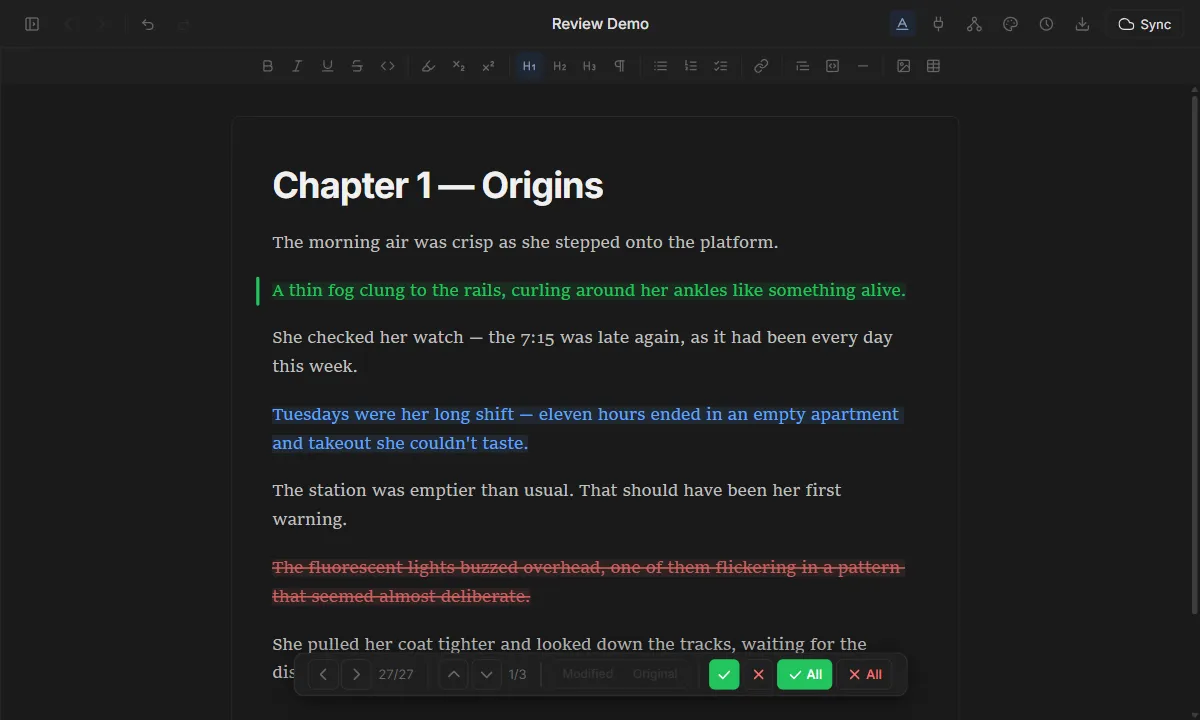 OpenWriter review panel with pending insert (green), rewrite (blue), and delete (red) decorations