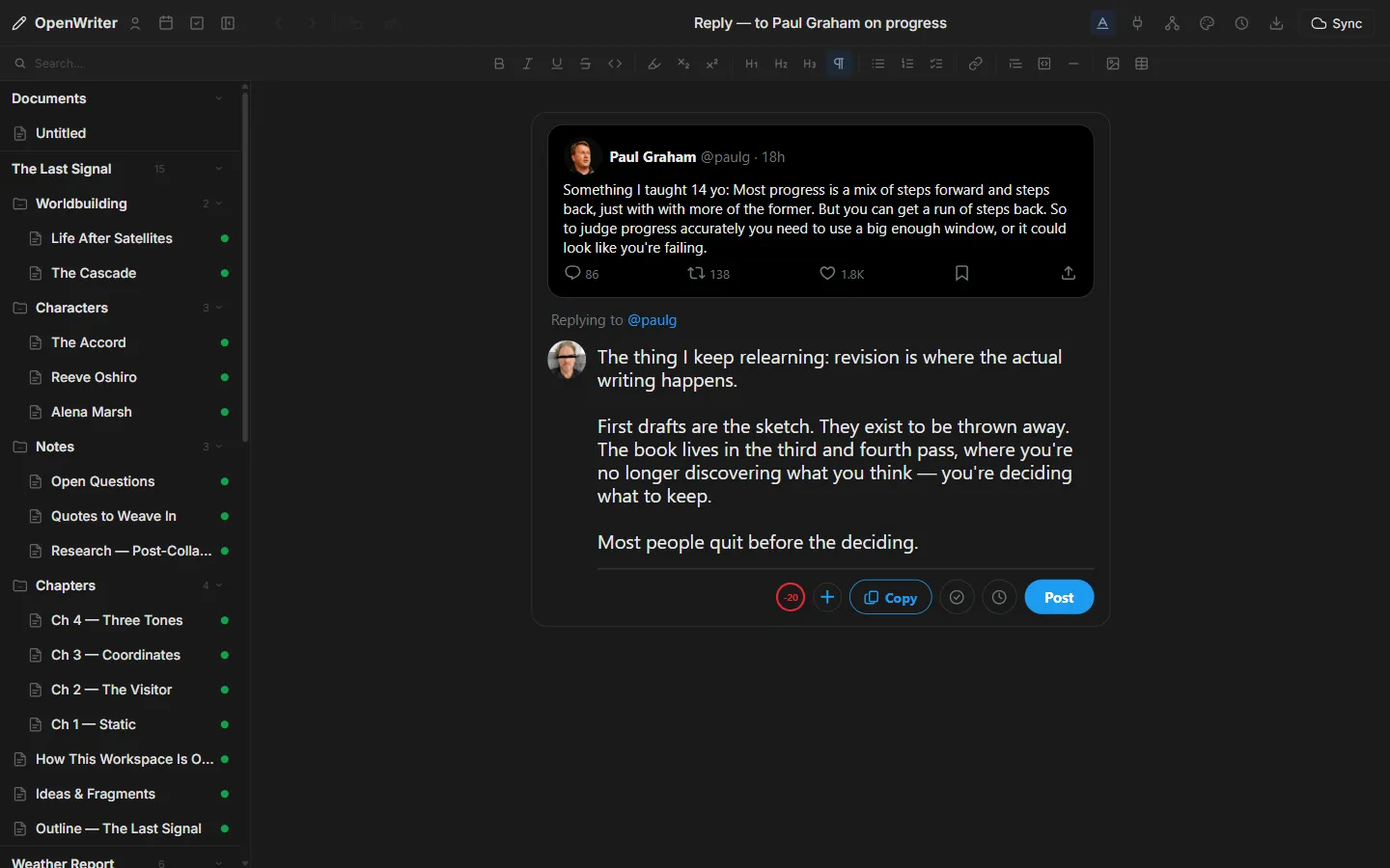 OpenWriter X reply compose view with embedded parent tweet