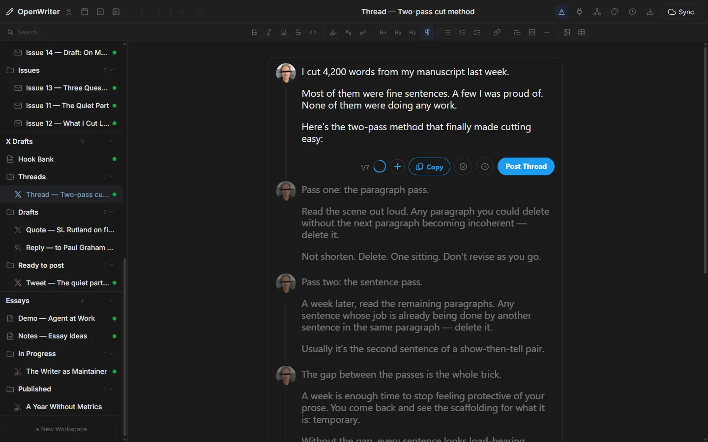 OpenWriter X thread compose view with linked tweets