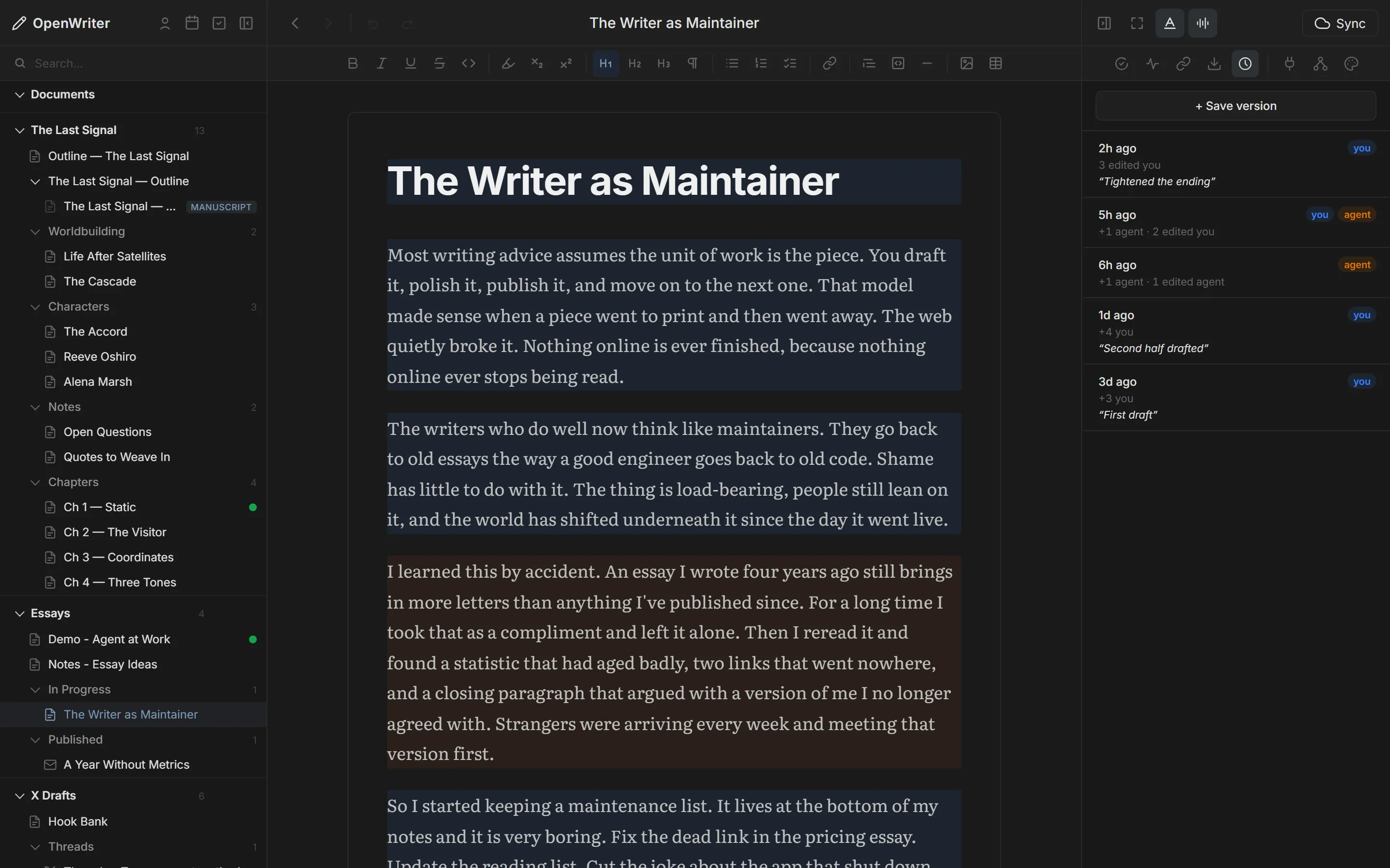 An OpenWriter essay with Voice on: paragraphs tinted by author, and a version history labelled you or agent