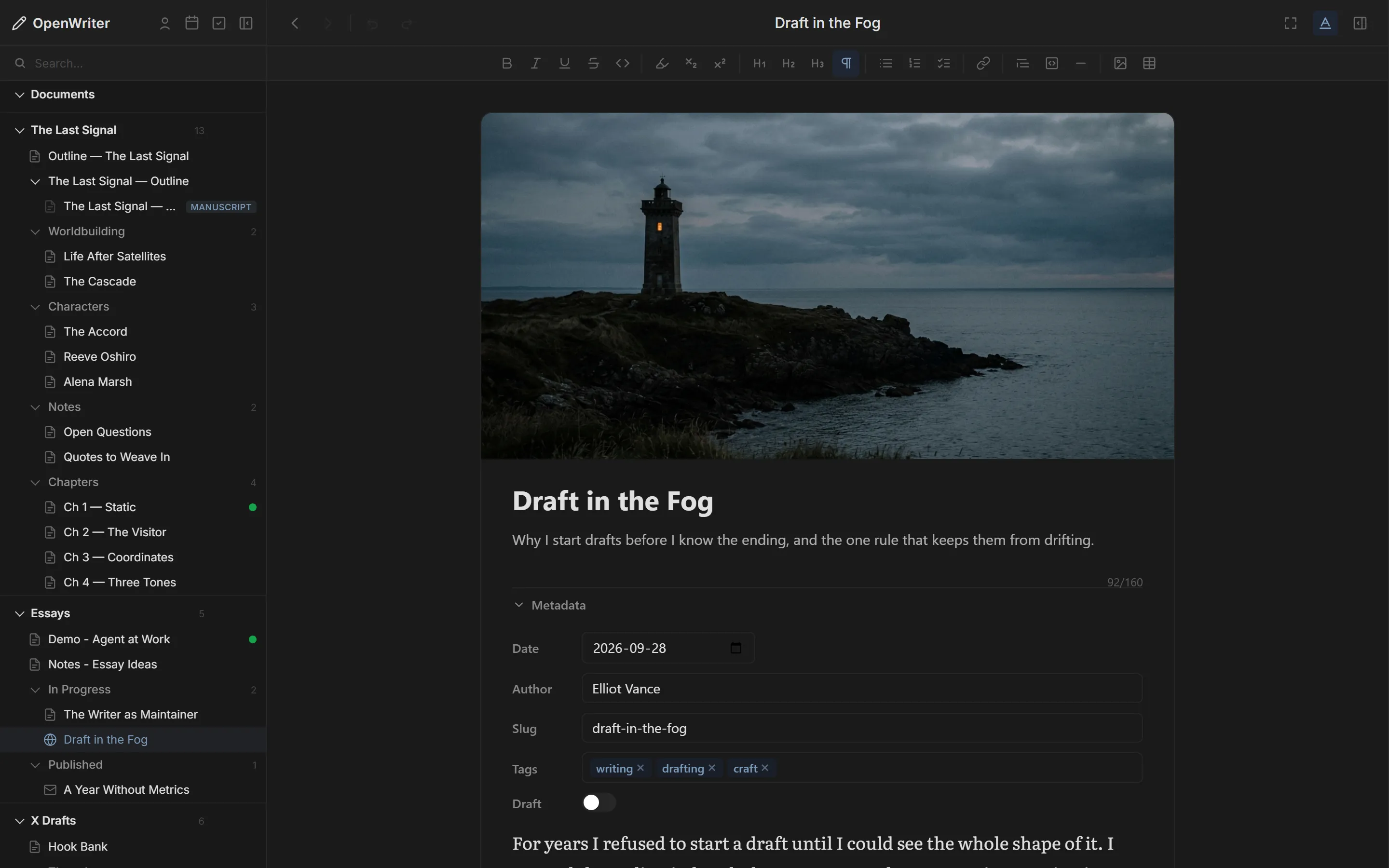 A blog post in OpenWriter with cover image, title, description and the metadata panel