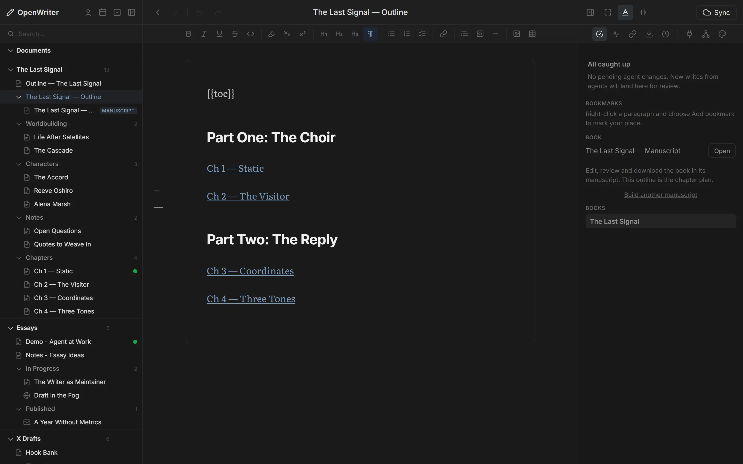 A novel's outline in OpenWriter: Part One and Part Two with links to four chapter docs, and the workspace of chapters, characters and worldbuilding in the sidebar