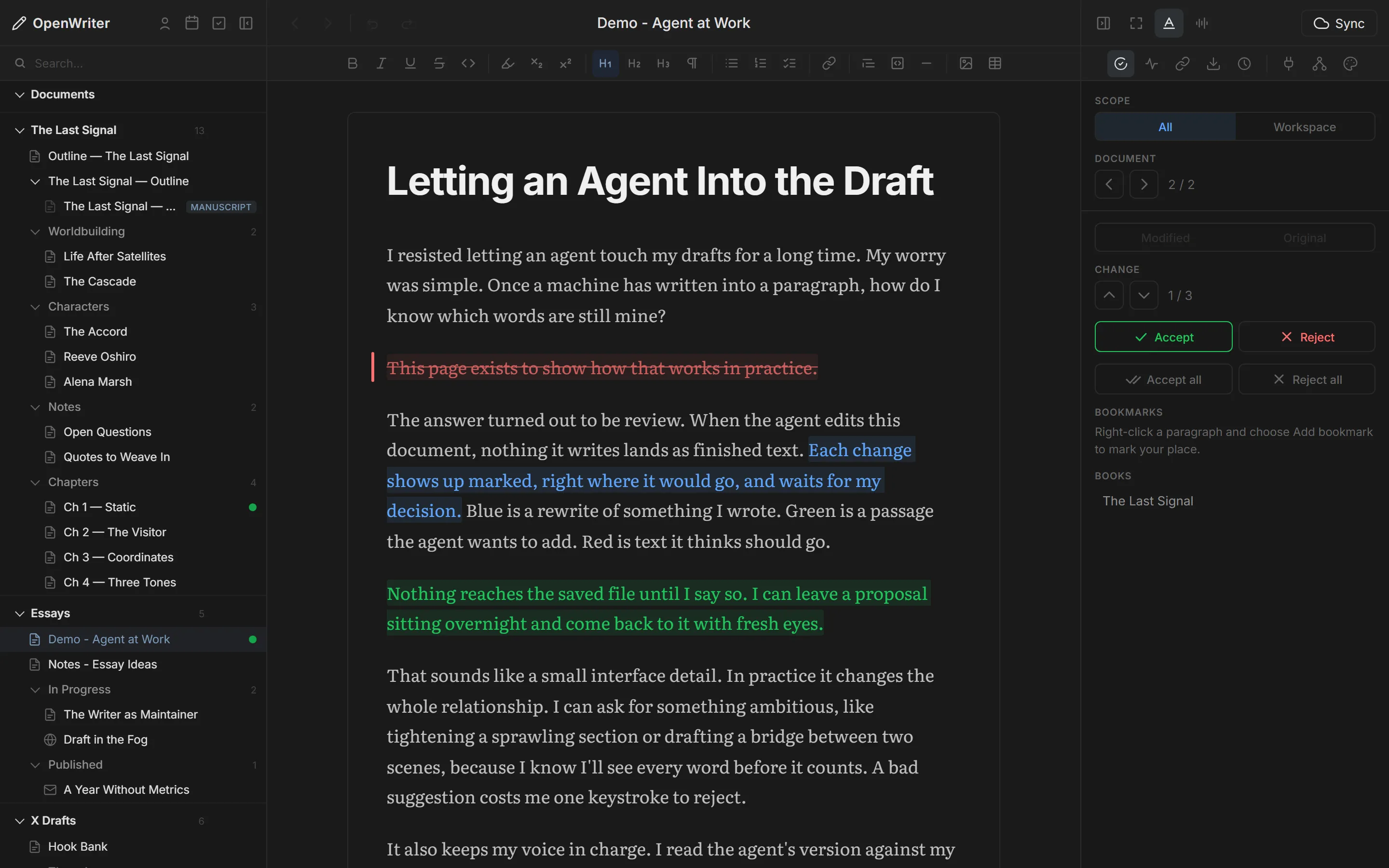 An essay in OpenWriter with a red delete, a blue rewrite and a green insert waiting in the review panel