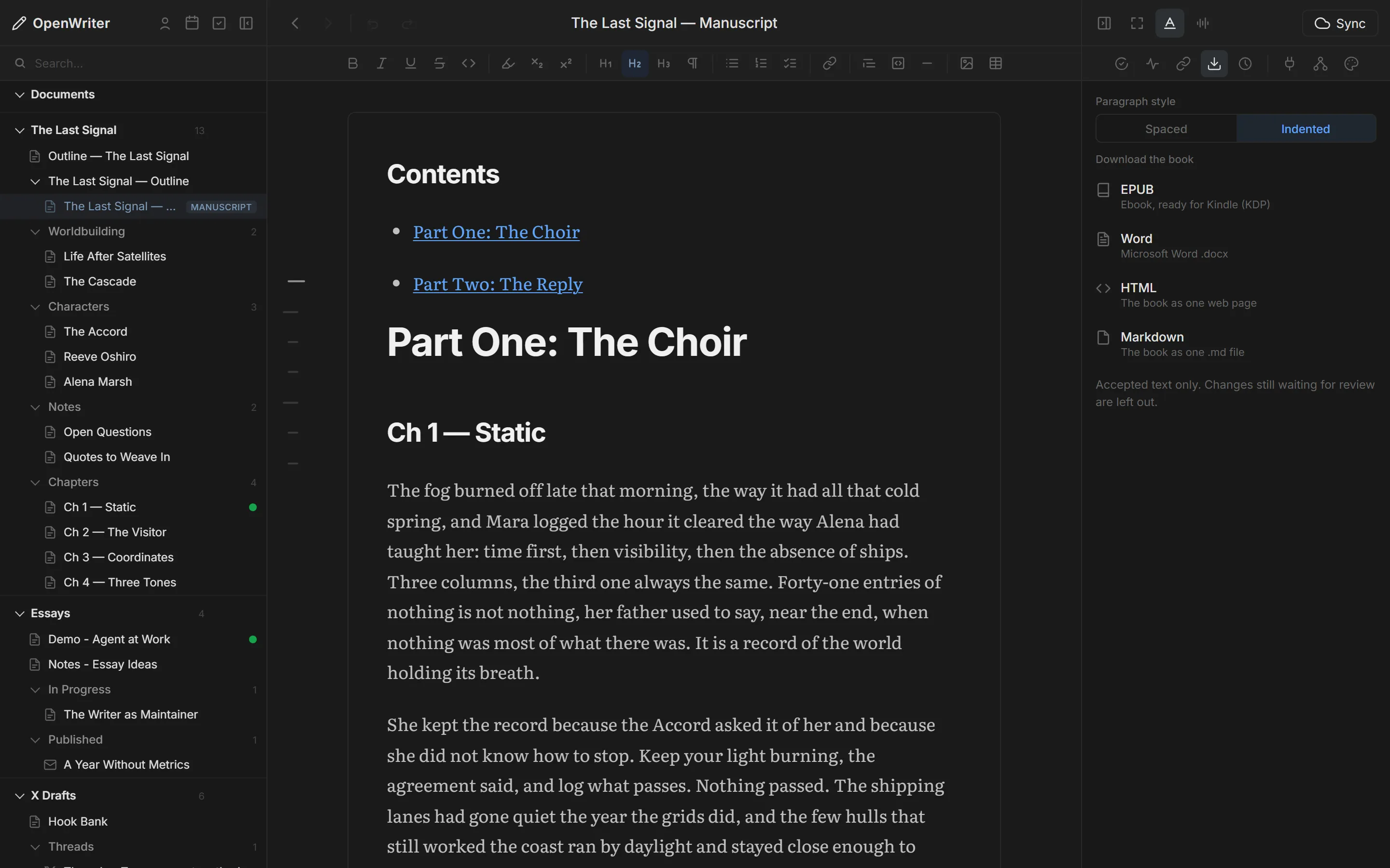 The compiled manuscript in OpenWriter: contents, Part One and Chapter 1, with EPUB, Word, HTML and Markdown downloads in the right rail