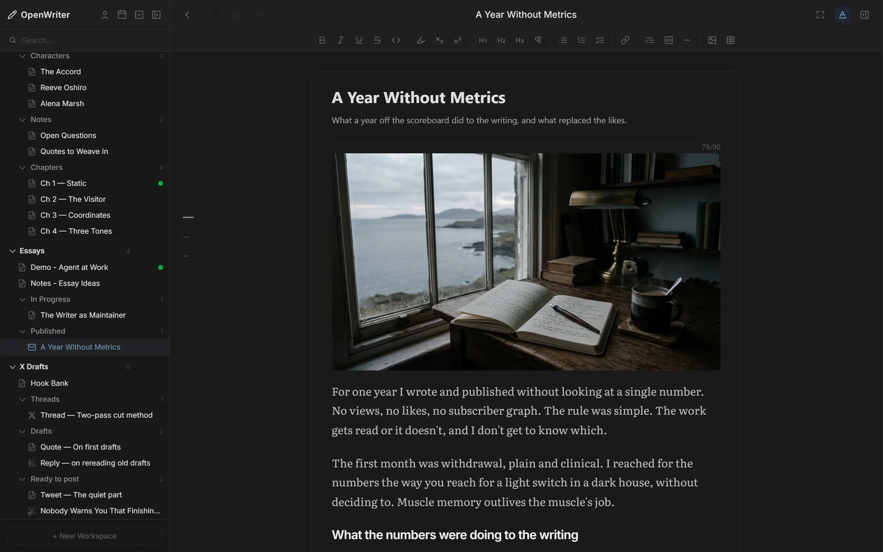 OpenWriter newsletter compose view with subject line, preview text and email preview