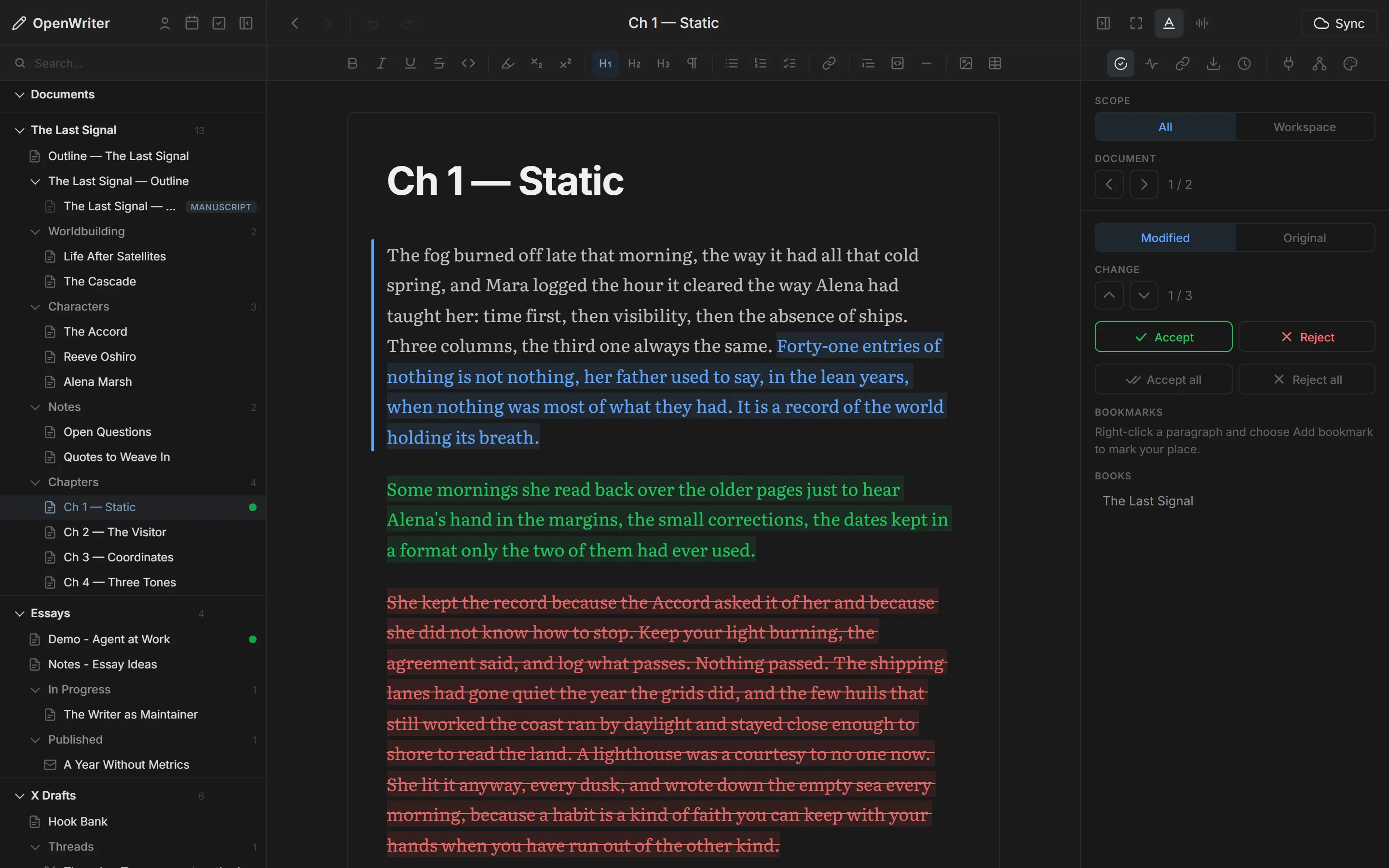OpenWriter editor with an agent's pending changes: a blue rewrite, a green insert and a red delete, with Accept and Reject in the review panel