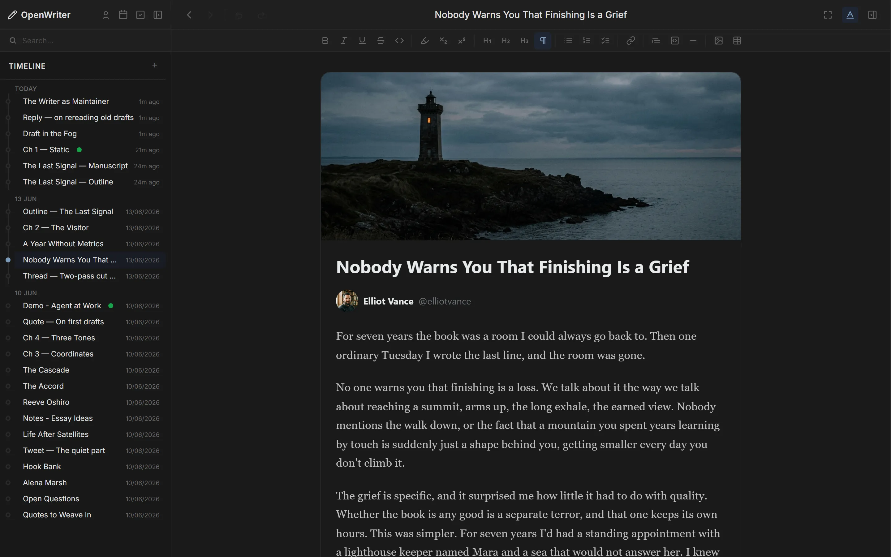 OpenWriter's sidebar in Timeline view with documents grouped by day