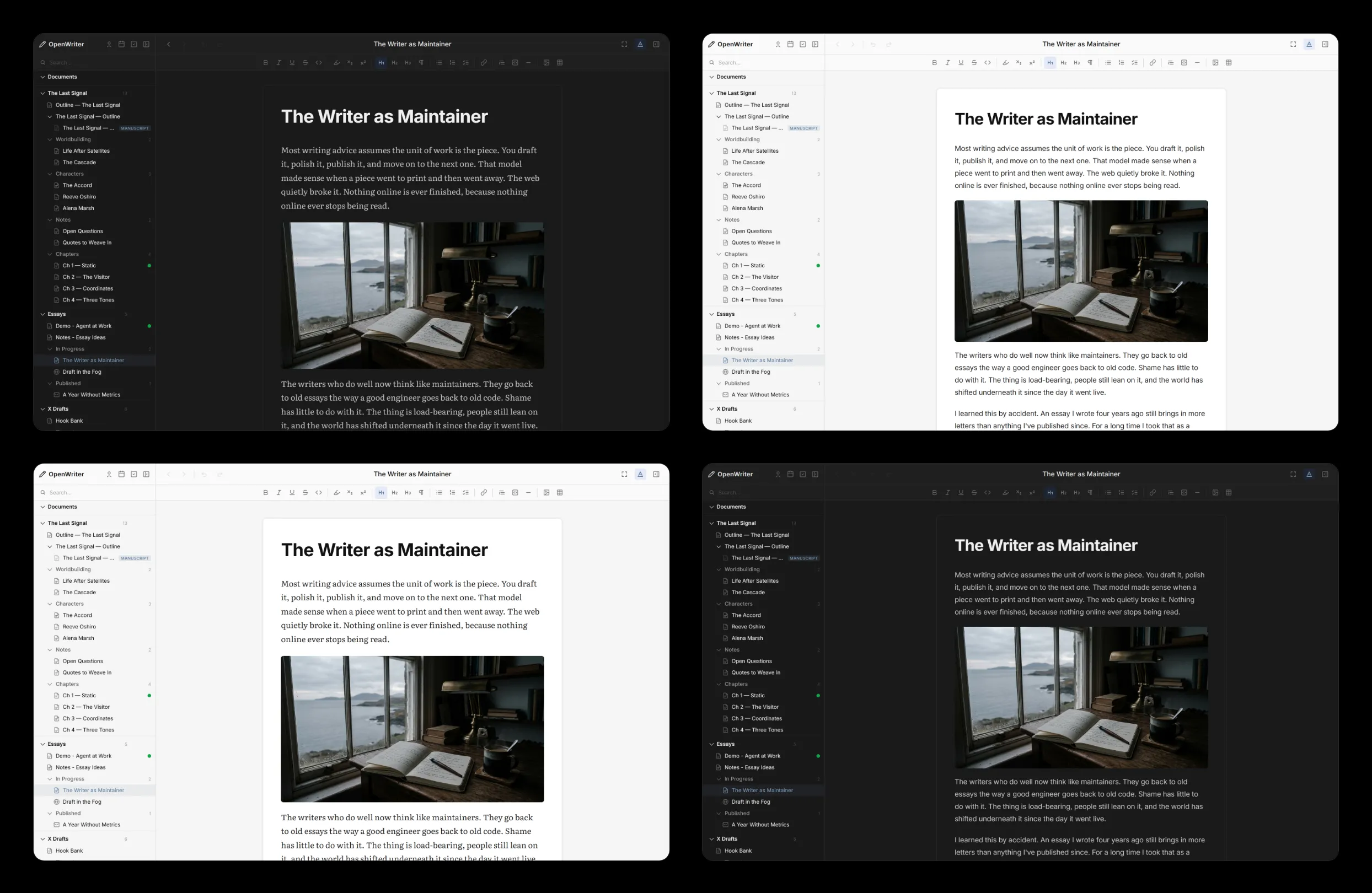 The same essay in OpenWriter four ways: dark and light mode, serif and sans-serif typefaces