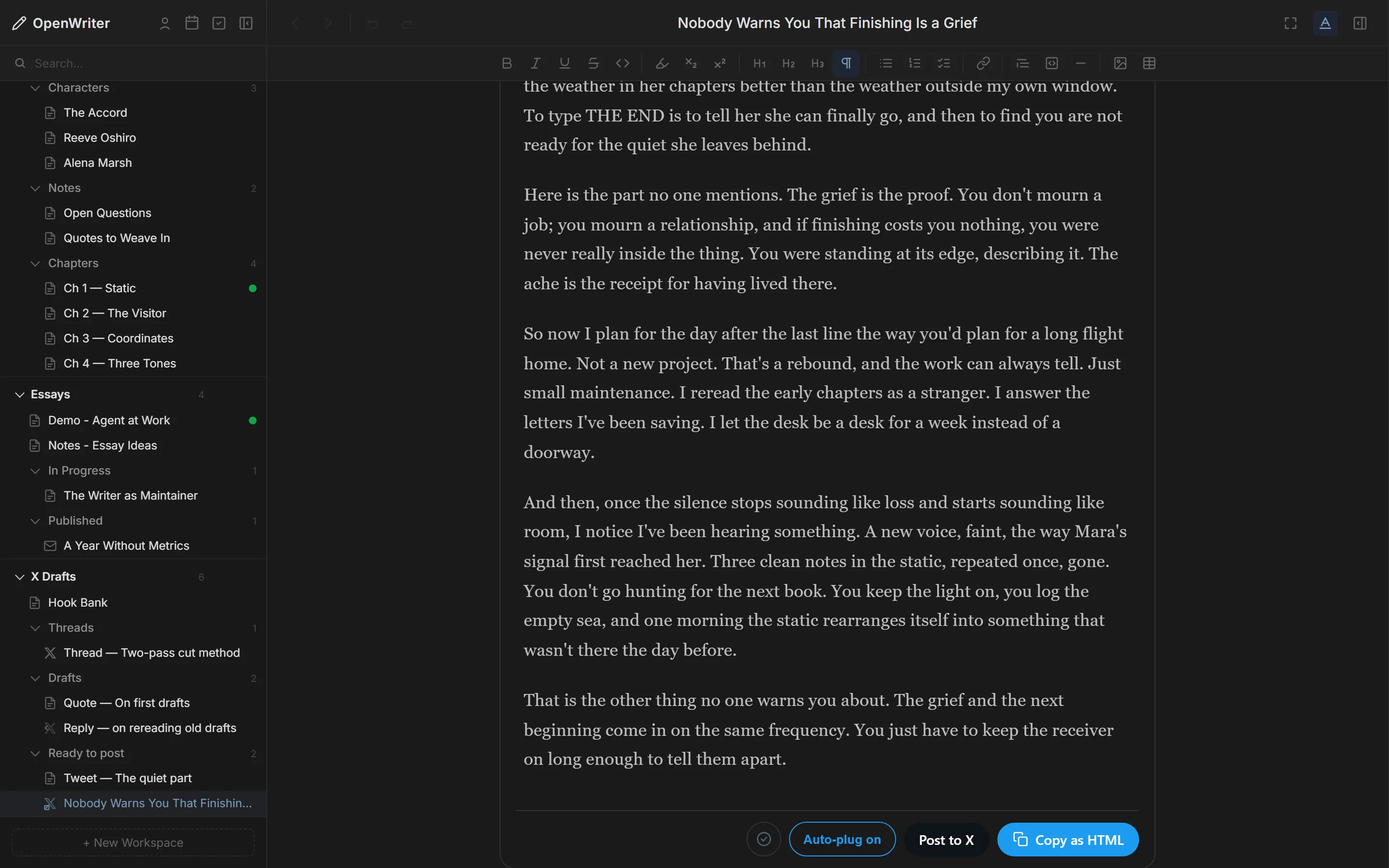 The end of an X Article in OpenWriter with the Post to X button in its footer