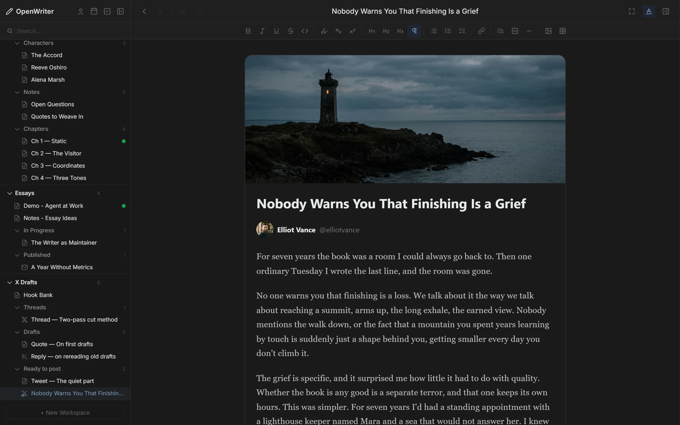 OpenWriter X Article compose view with a cover image and long-form body