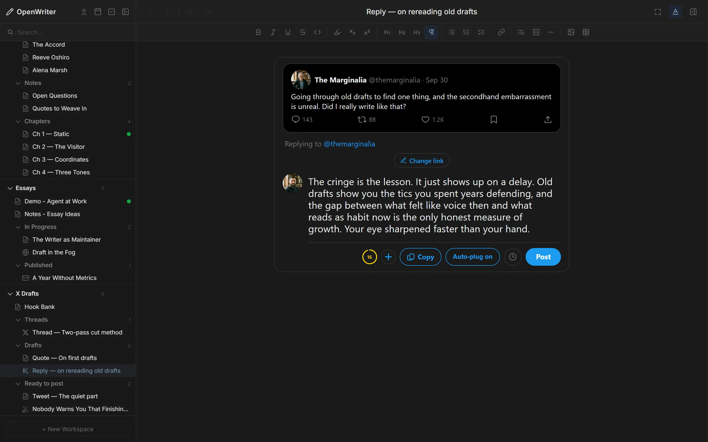 OpenWriter reply compose view showing the parent tweet above the draft