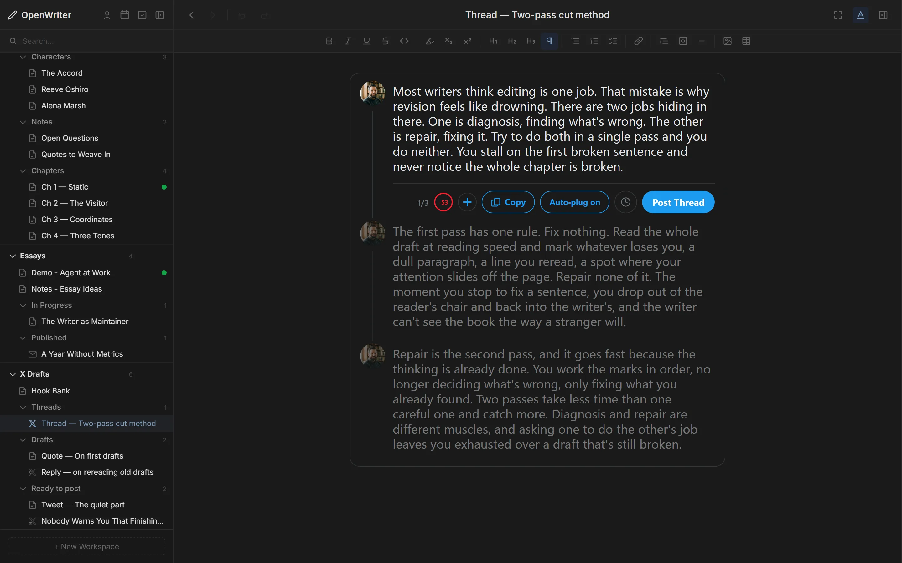 OpenWriter X thread compose view with three linked tweets