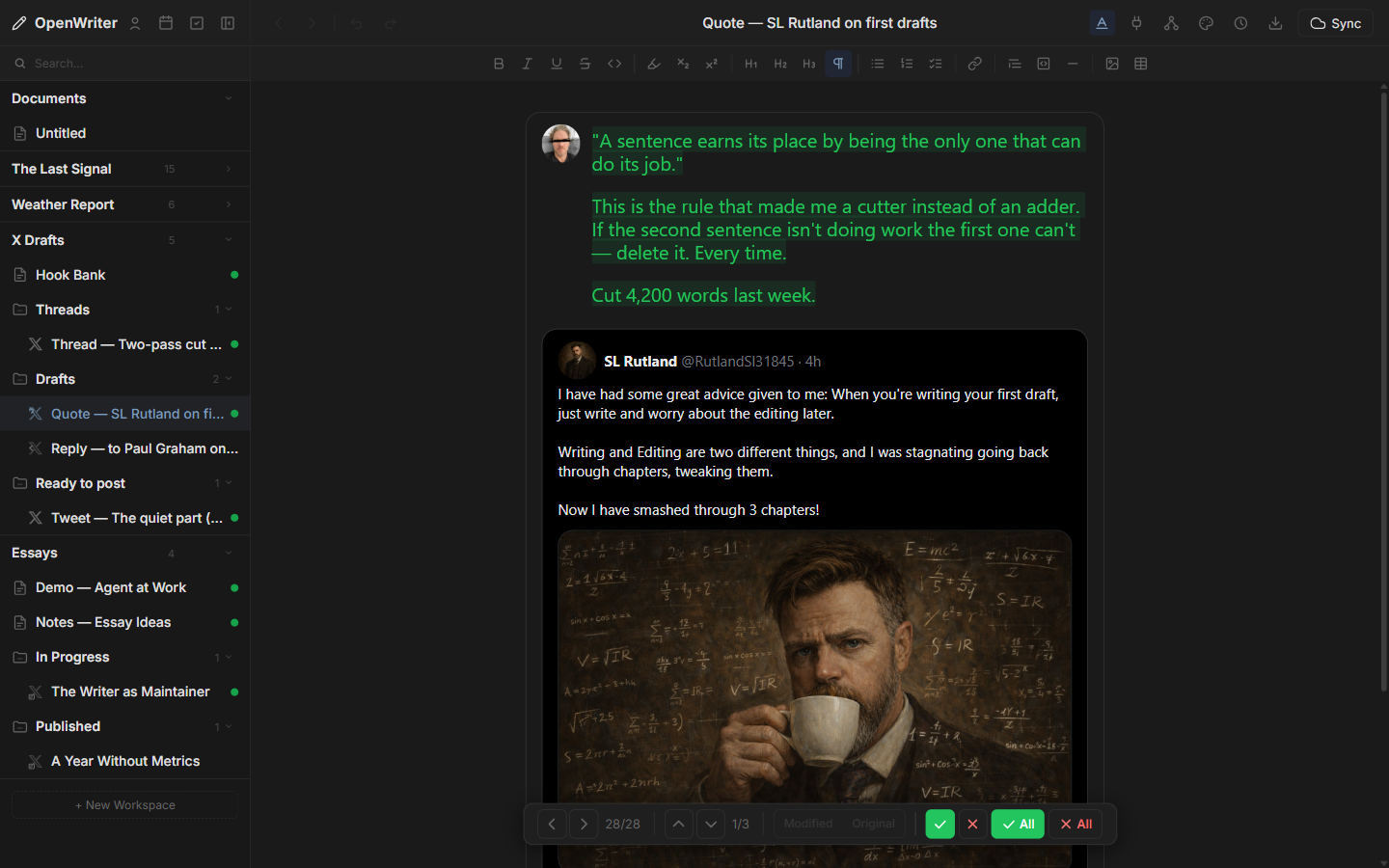 OpenWriter editor with sidebar workspaces, pending agent changes, and compose toolbar
