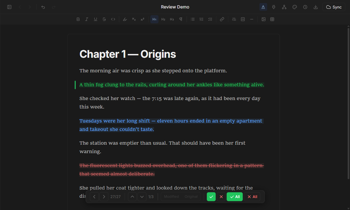 OpenWriter review panel with pending insert (green), rewrite (blue), and delete (red) decorations