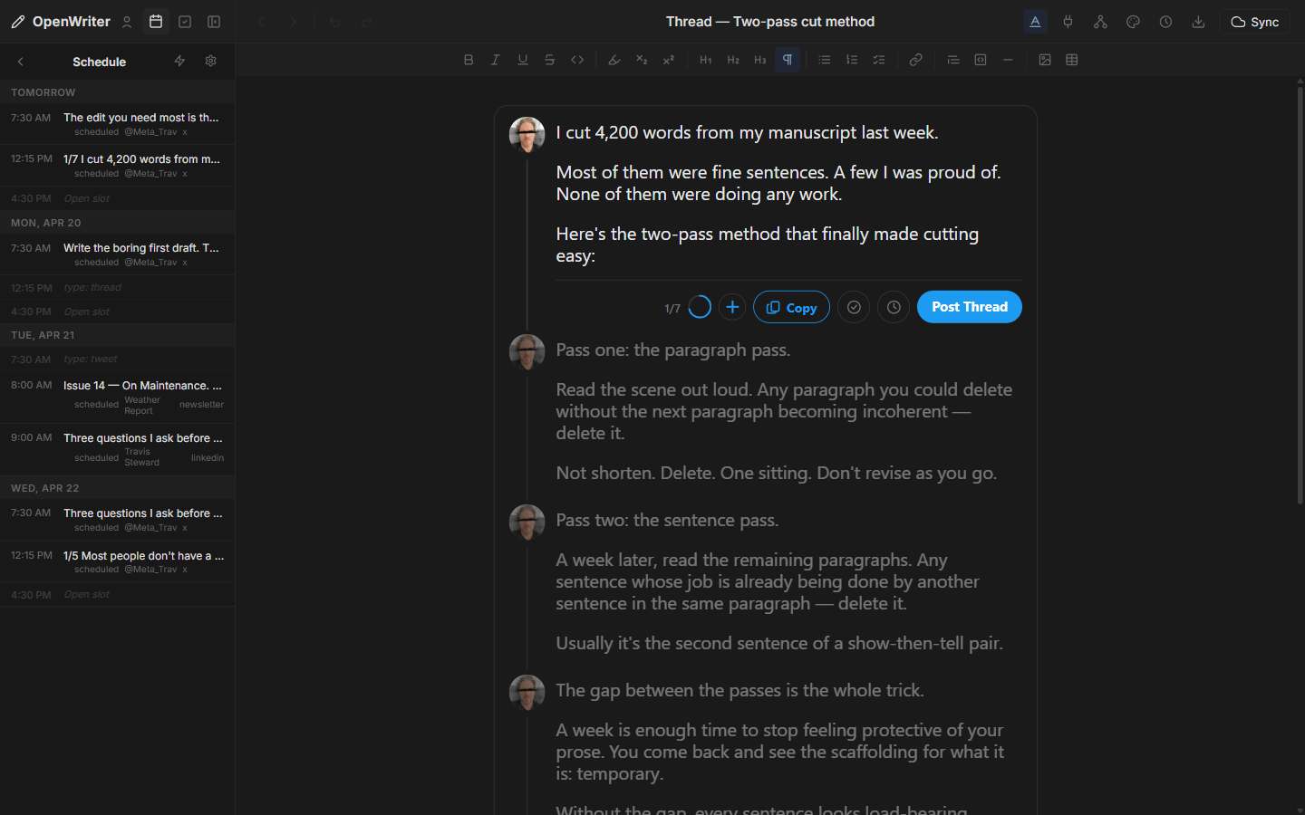 OpenWriter schedule calendar showing newsletters and posts across the month