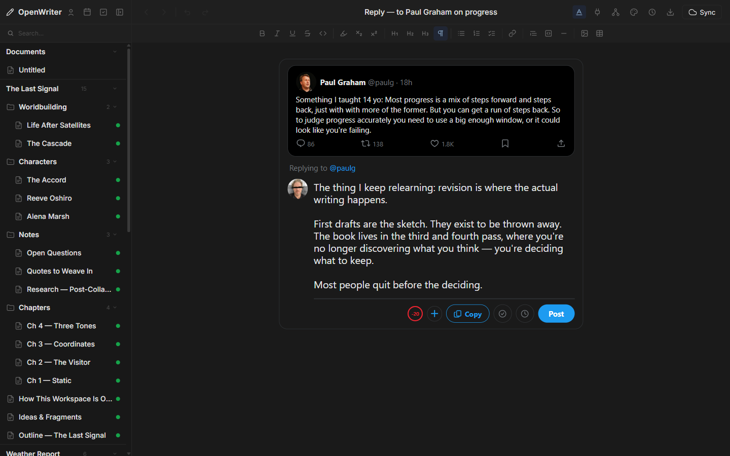 OpenWriter X reply compose view with embedded parent tweet