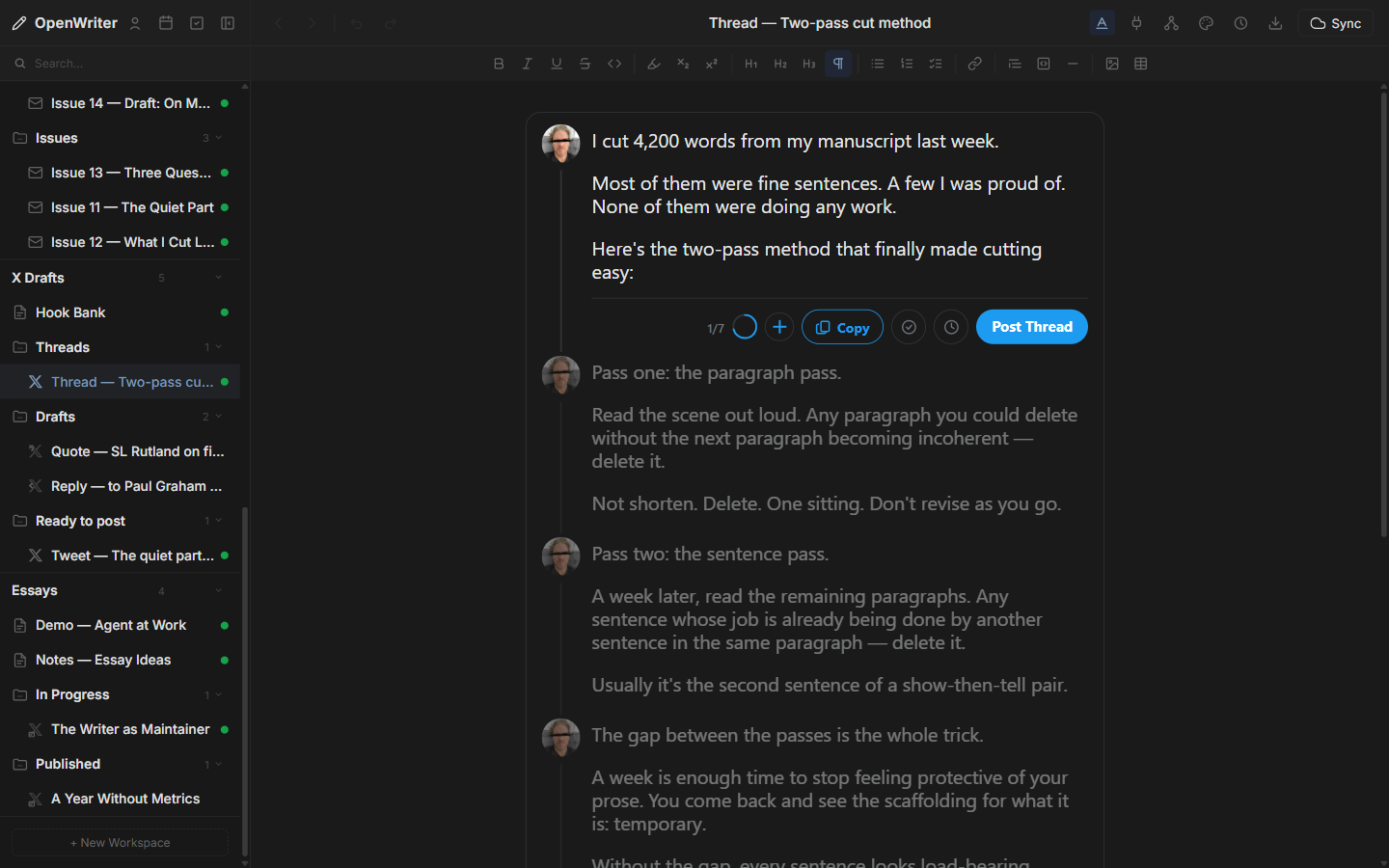 OpenWriter X thread compose view with linked tweets