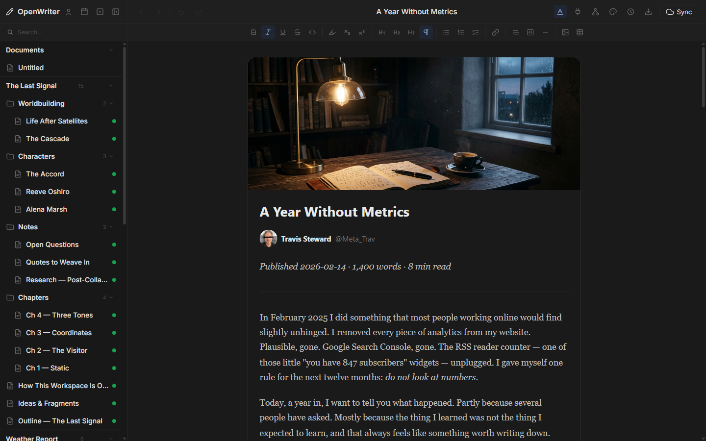 OpenWriter X Article compose view with cover image and long-form body